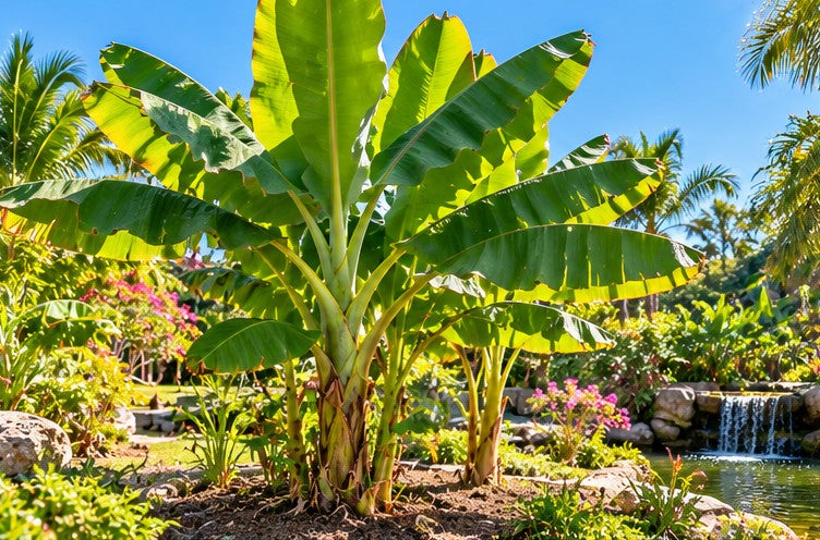 Bananenplant met grote groene bladeren in tropische tuin