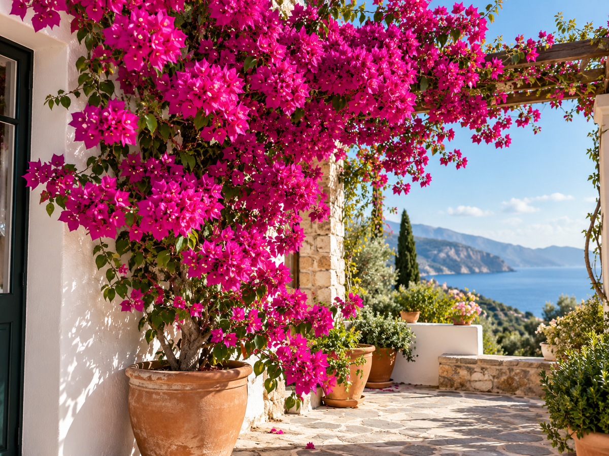 Bougainvillea in volle bloei op een mediterraan terras