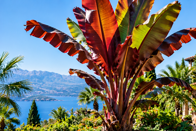 Ensete ventricosum Maurelii rode bananenplant in zonnige tropische tuin