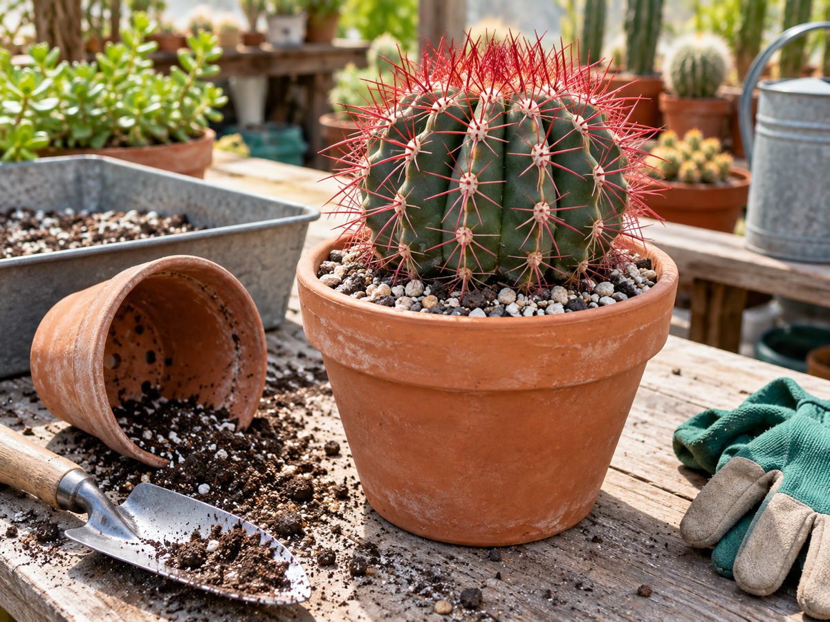Ferocactus pilosus in nieuwe cactusgrond na het verpotten, AI-illustratie