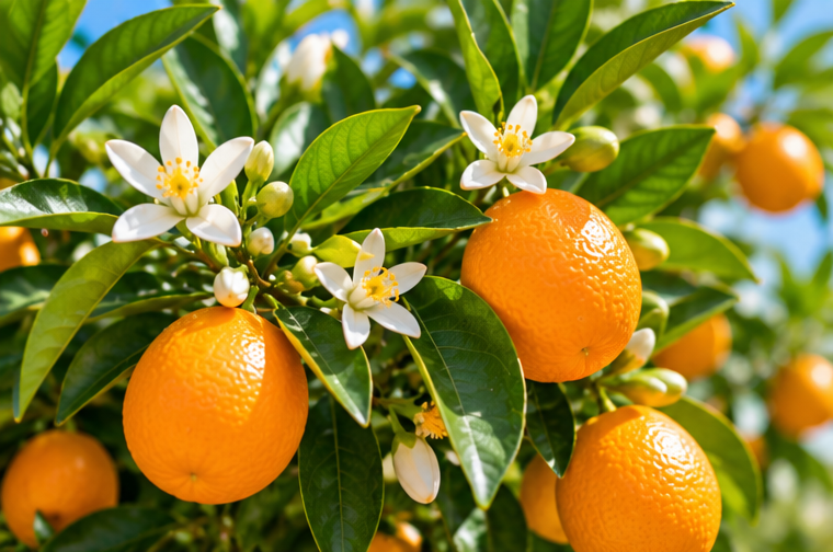 Sinaasappelboom met oranje vruchten en witte bloemen