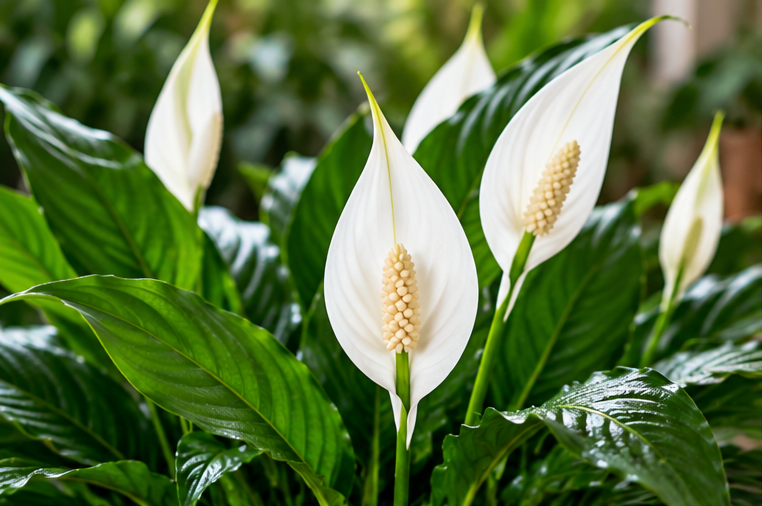 Spathiphyllum lepelplant met witte bloemen, AI afbeelding