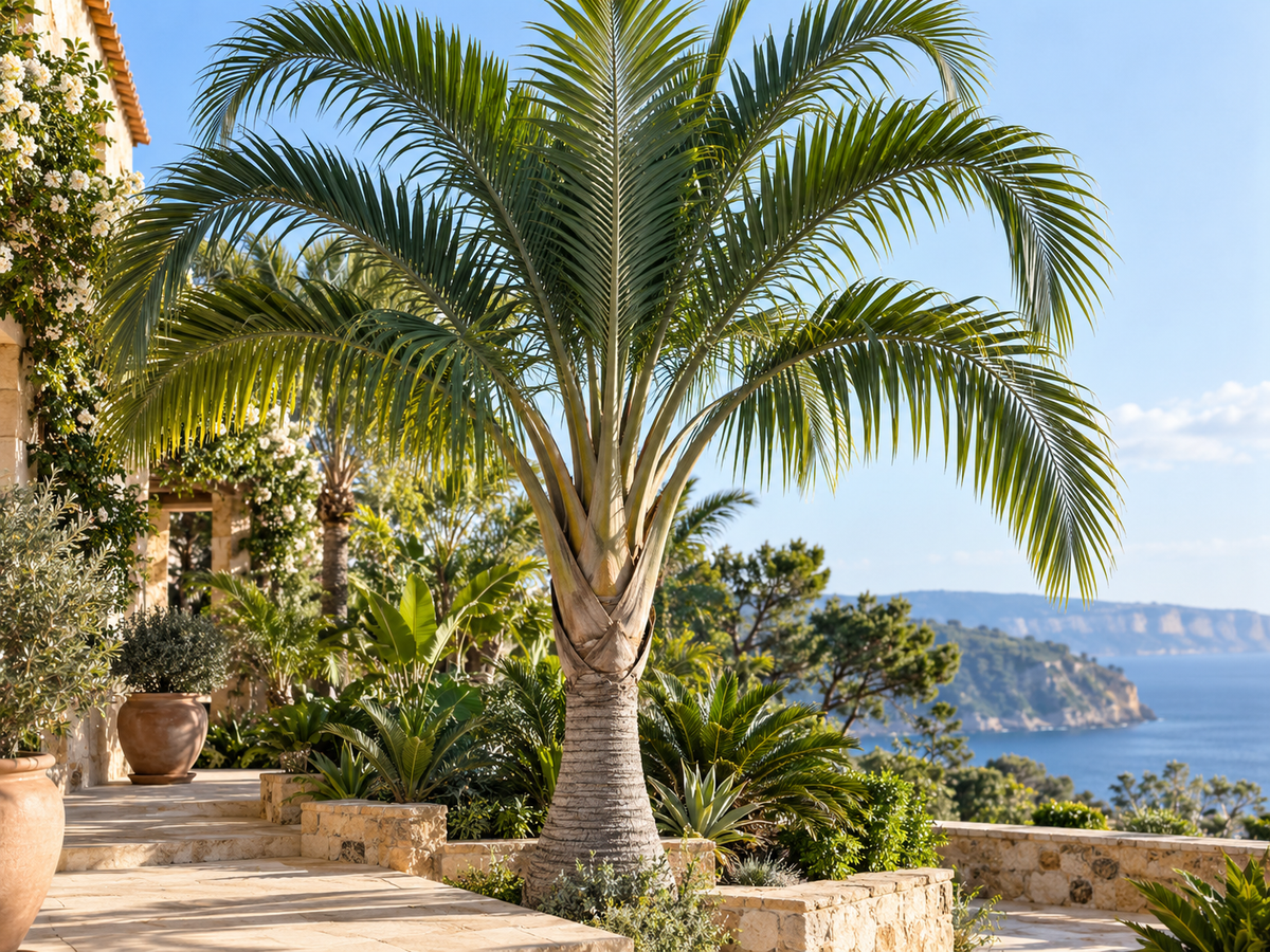 Driehoekspalm - Dypsis Decaryi in een mediterrane tuin
