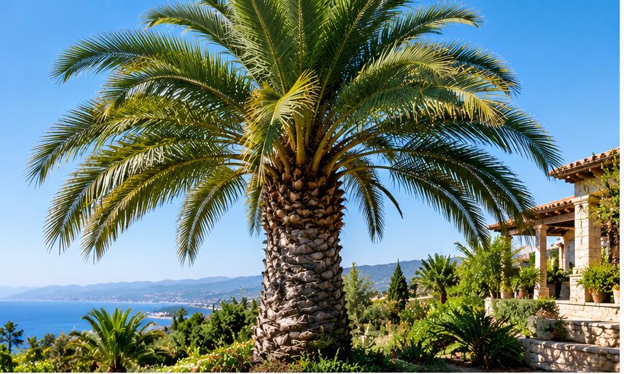 Jubaea chilensis volwassen palm in mediterrane tuin