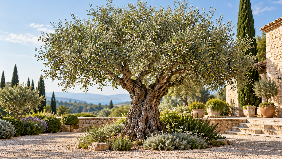 Volwassen olijfboom Olea europaea in mediterrane tuin