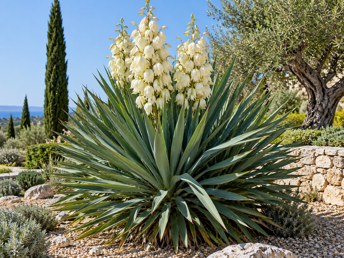 Bloeiende Yucca gloriosa in een zonnige mediterrane tuin